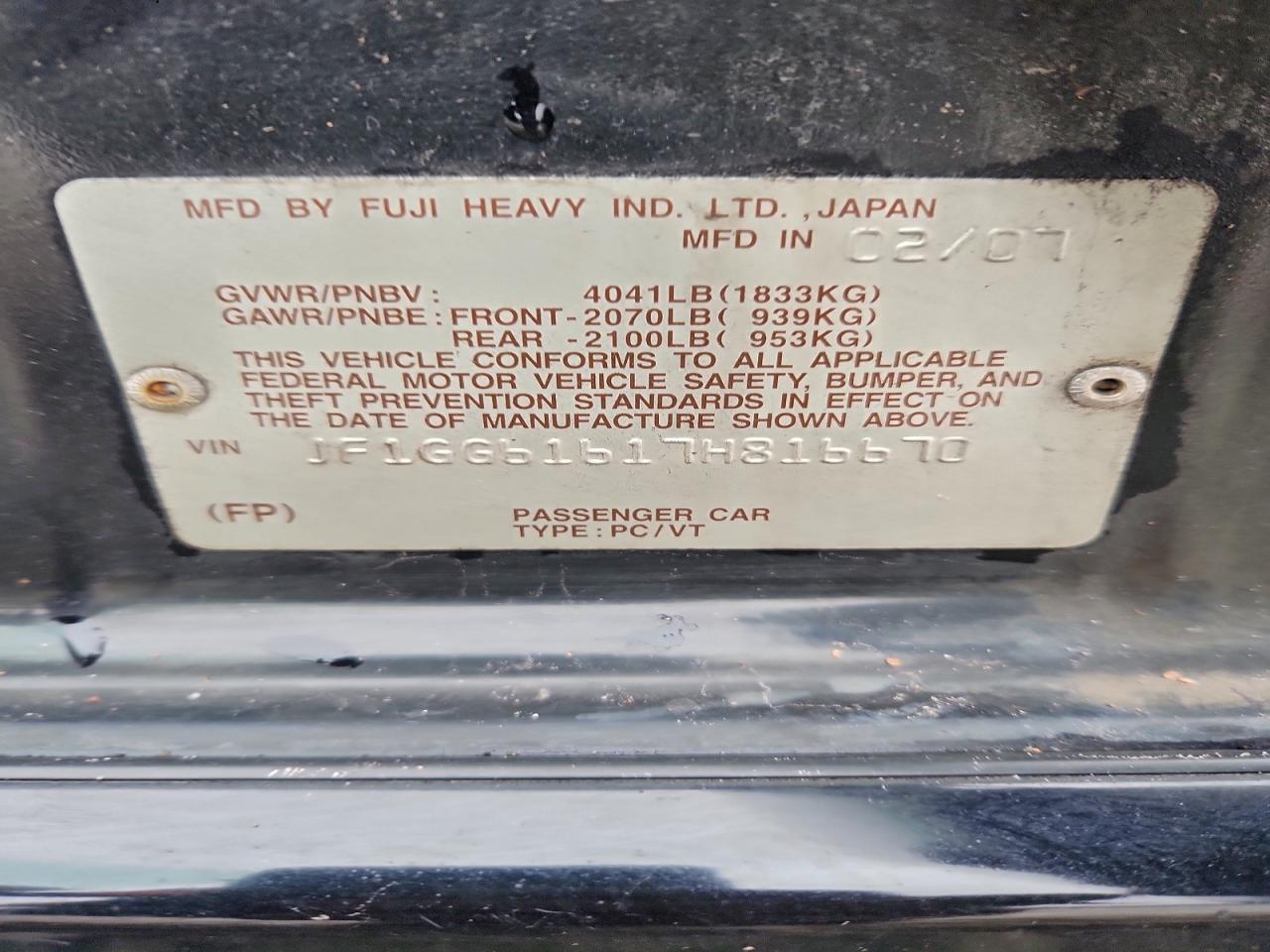 2007 Subaru Impreza 2.5I VIN: JF1GG61617H816670 Lot: 95083835