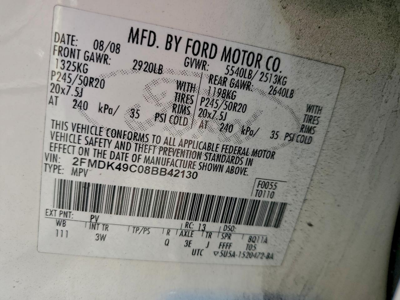 2008 Ford Edge Limited VIN: 2FMDK49C08BB42130 Lot: 94811145