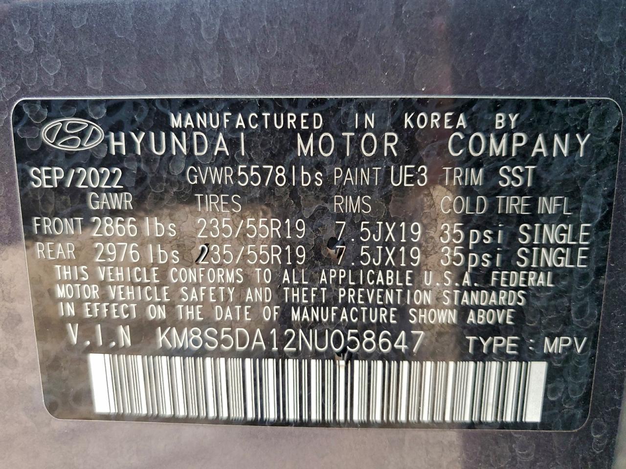 2022 Hyundai Santa Fe Limited VIN: KM8S5DA12NU058647 Lot: 95265425