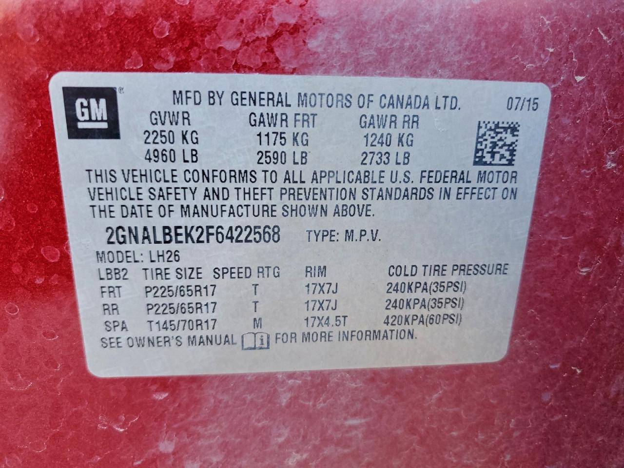 2015 Chevrolet Equinox Lt VIN: 2GNALBEK2F6422568 Lot: 94291025