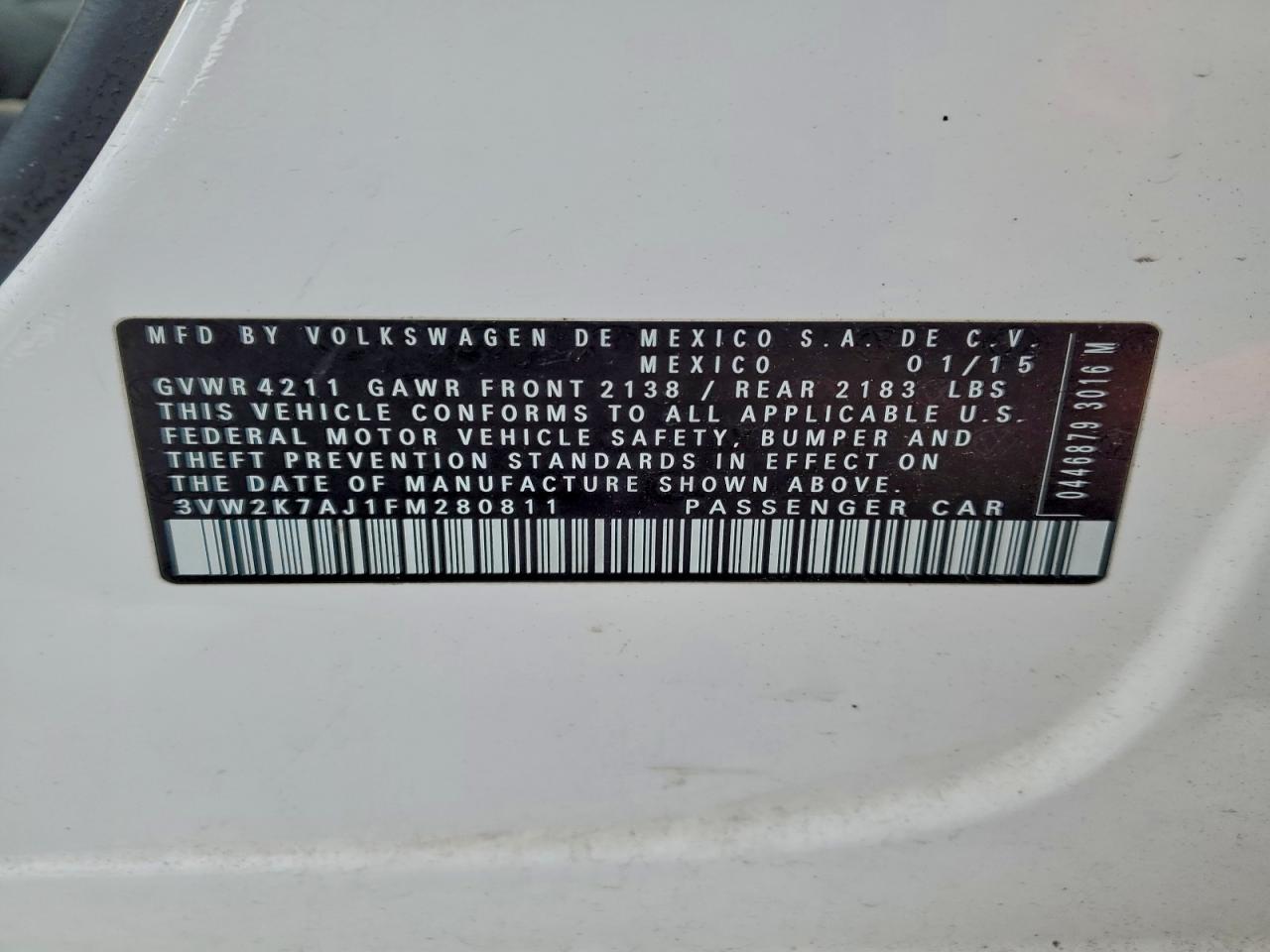 2015 Volkswagen Jetta Base VIN: 3VW2K7AJ1FM280811 Lot: 95680385