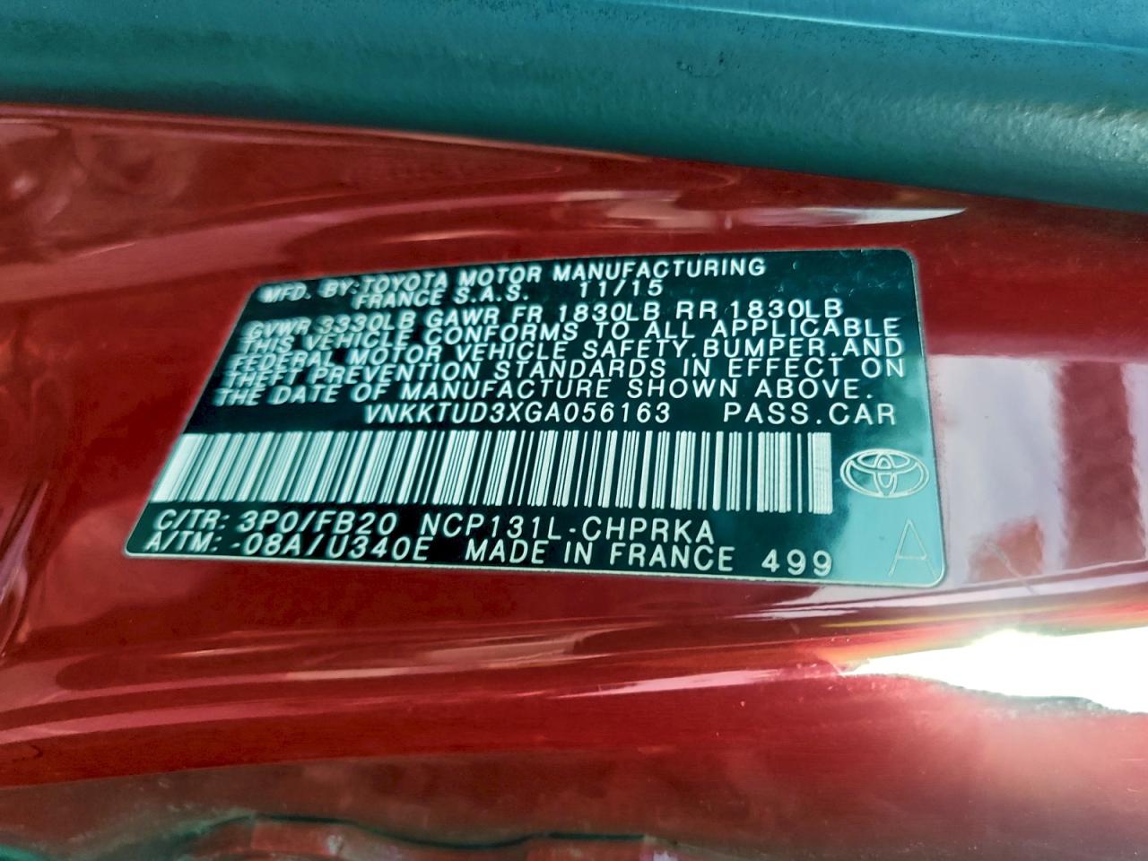 2016 Toyota Yaris L VIN: VNKKTUD3XGA056163 Lot: 95312435