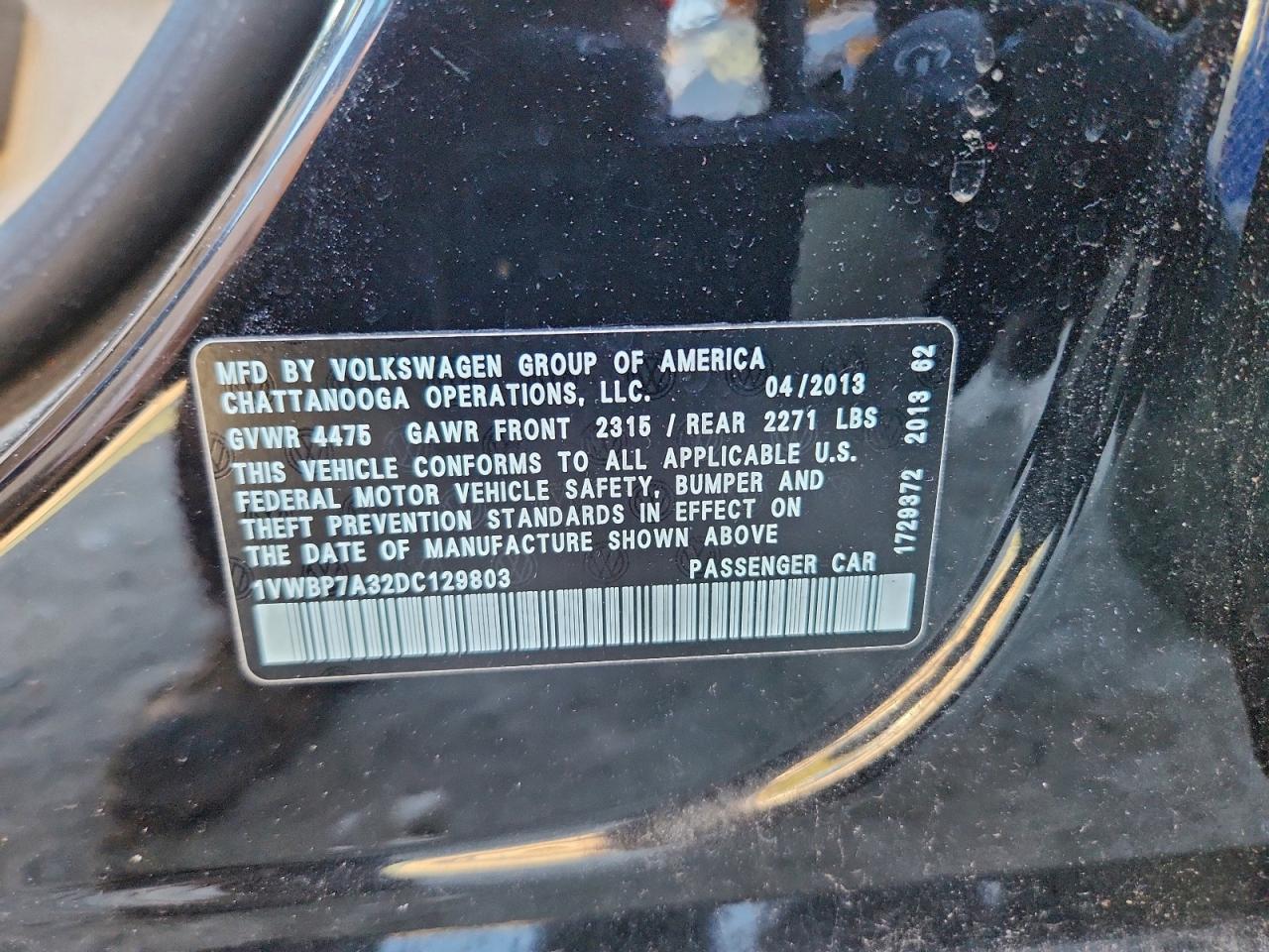 2013 Volkswagen Passat Se VIN: 1VWBP7A32DC129803 Lot: 95638315