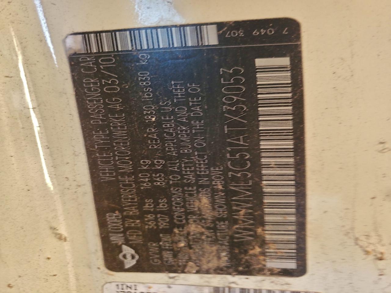 2010 Mini Cooper Clubman VIN: WMWML3C51ATX39053 Lot: 97056045