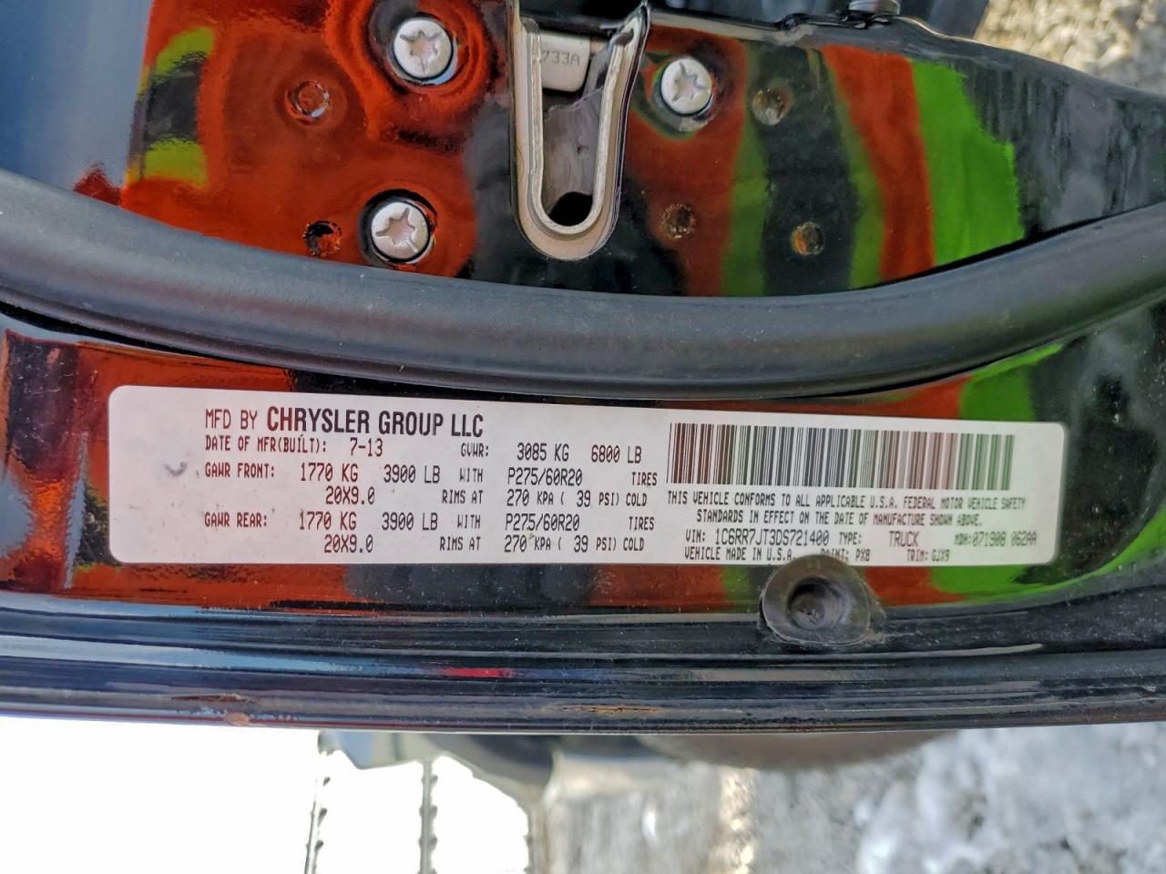 2013 Ram 1500 Laramie VIN: 1C6RR7JT3DS721400 Lot: 95913645