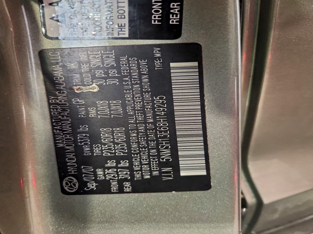 2008 Hyundai Santa Fe Se VIN: 5NMSH13E68H149295 Lot: 95550445