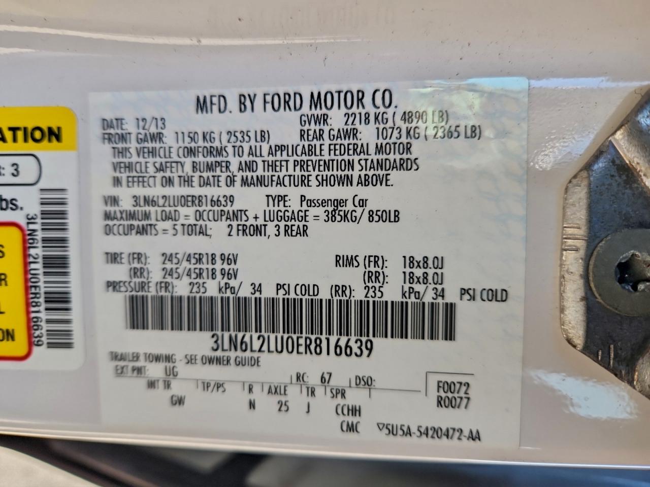 2014 Lincoln Mkz Hybrid VIN: 3LN6L2LU0ER816639 Lot: 95180385