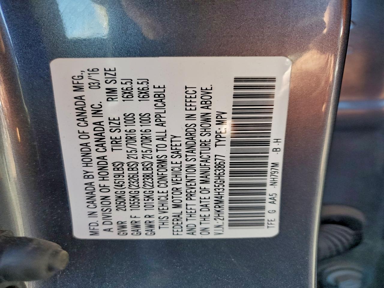 2016 Honda Cr-V Lx VIN: 2HKRM4H35GH638677 Lot: 96603935