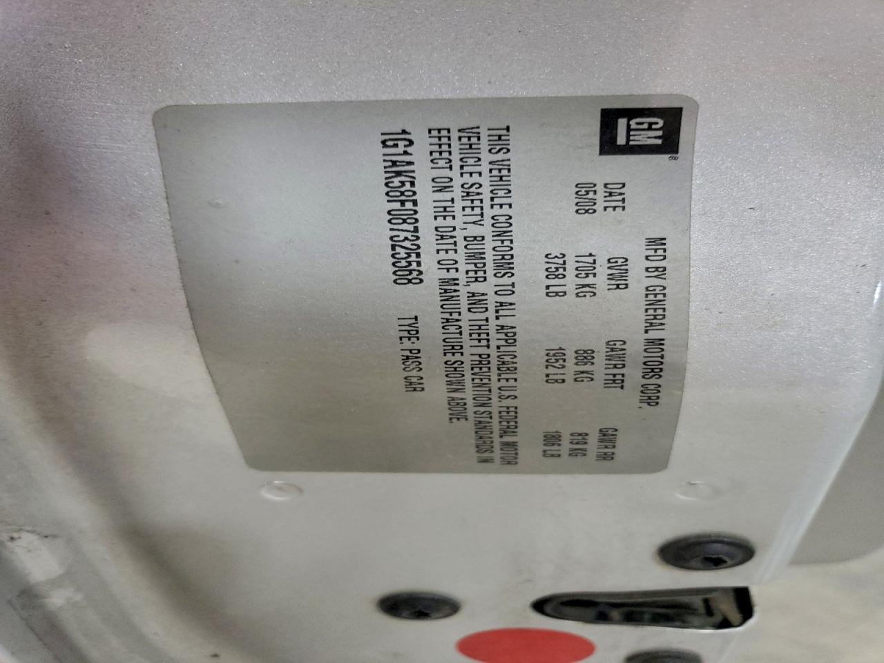 2008 Chevrolet Cobalt Ls VIN: 1G1AK58F087325568 Lot: 96044495