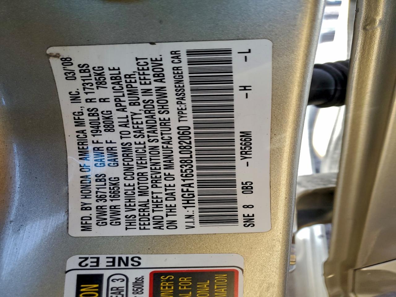 2008 Honda Civic Lx VIN: 1HGFA16538L082060 Lot: 94889335