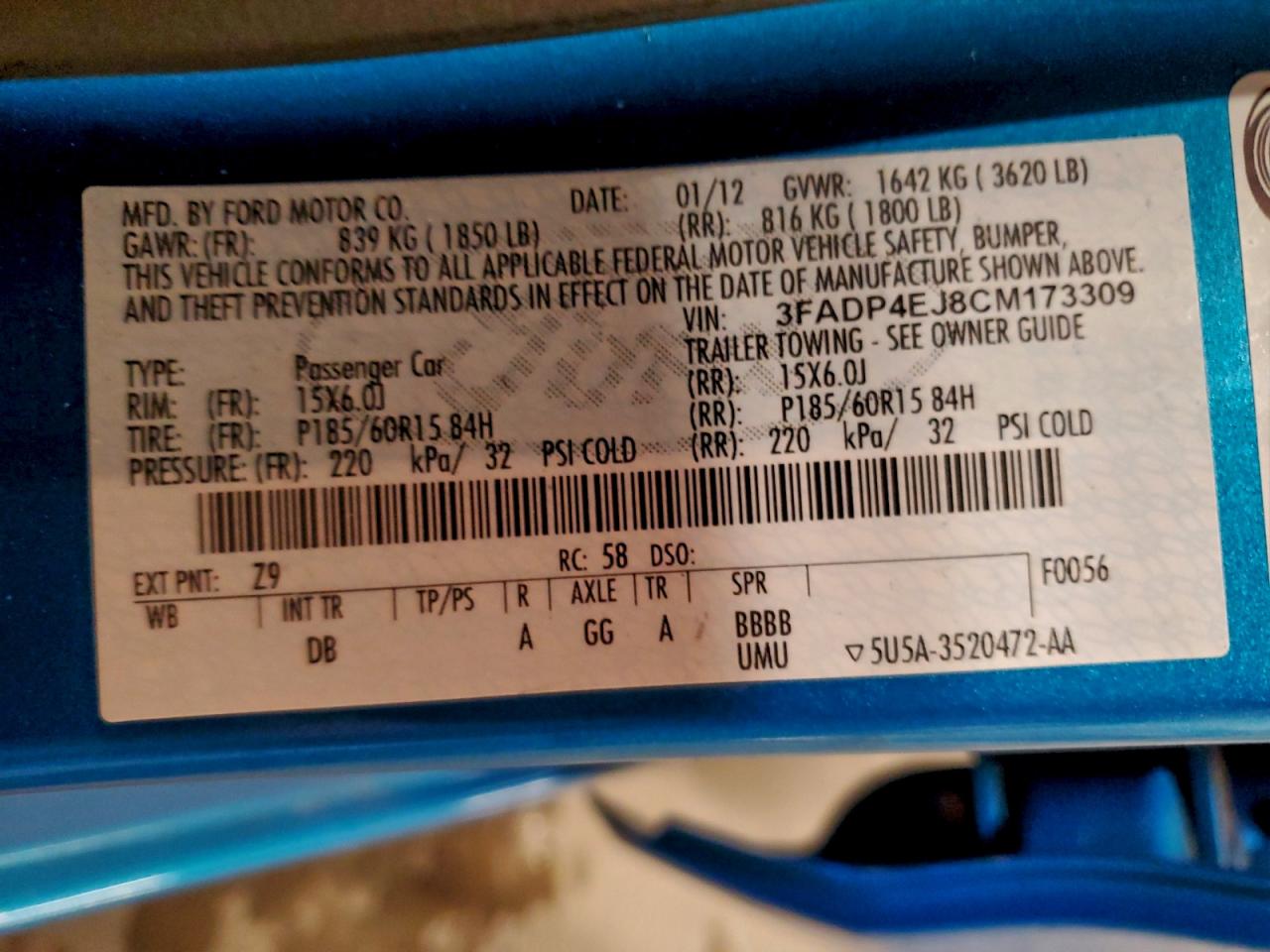 2012 Ford Fiesta Se VIN: 3FADP4EJ8CM173309 Lot: 96292885