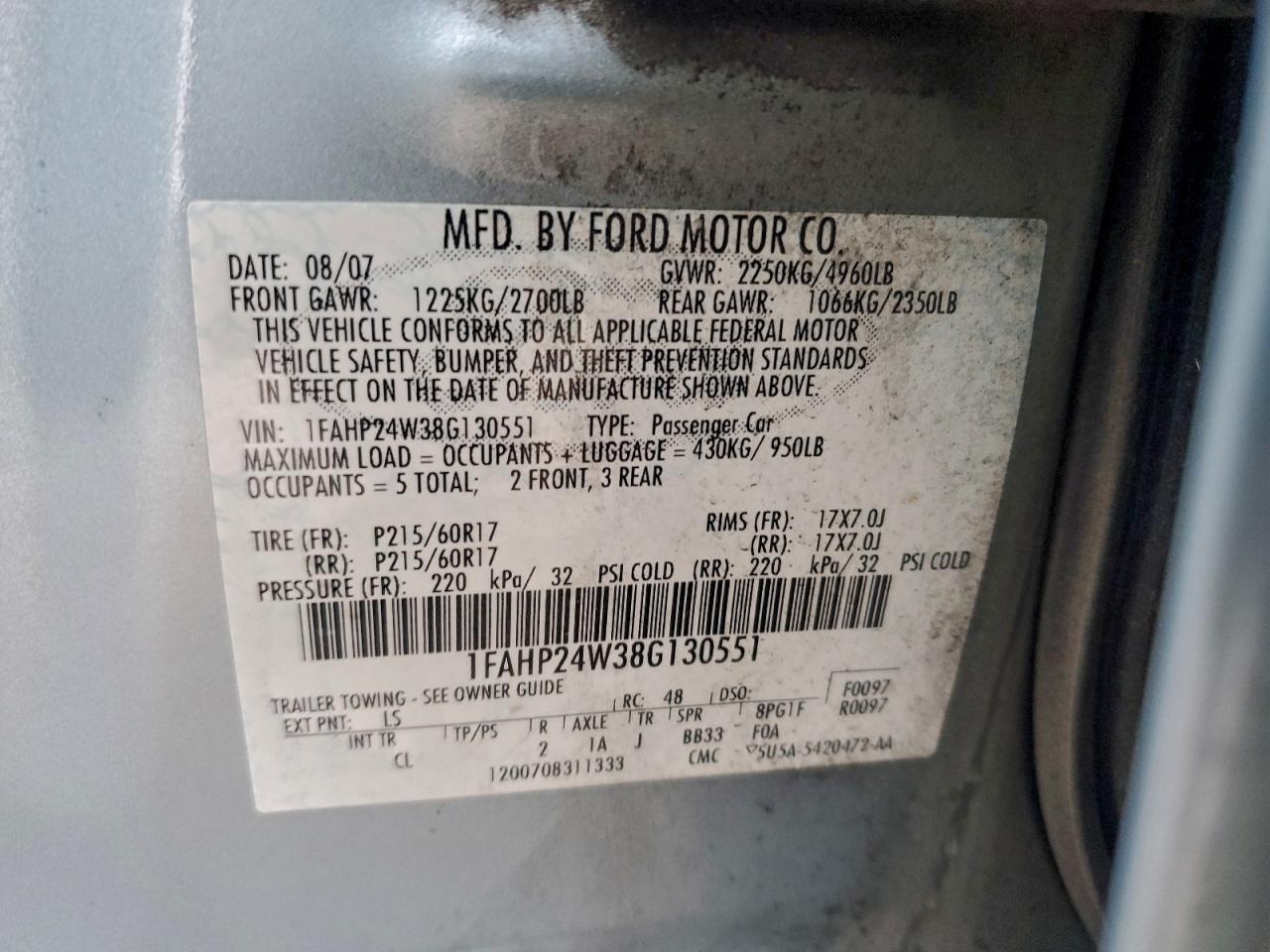 2008 Ford Taurus Sel VIN: 1FAHP24W38G130551 Lot: 95072605