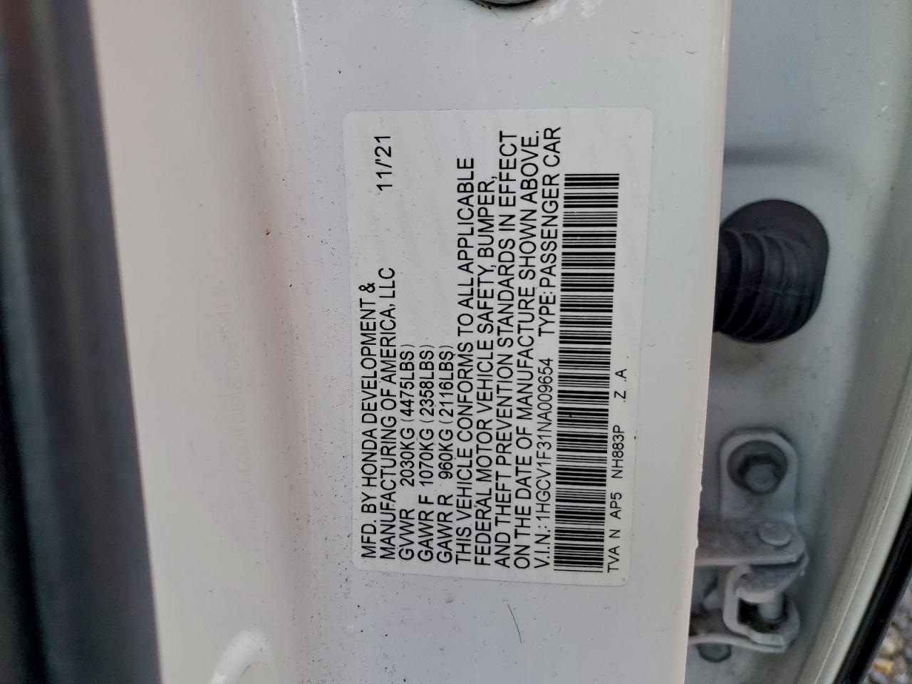 2022 Honda Accord Sport VIN: 1HGCV1F31NA009654 Lot: 96855185