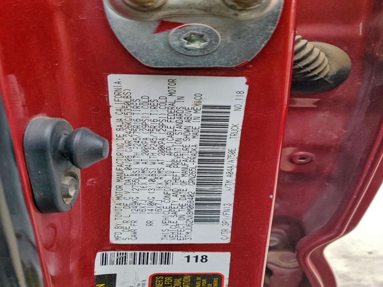 2008 Toyota Tacoma Double Cab Prerunner VIN: 3TMJU62NX8M068402 Lot: 95422985