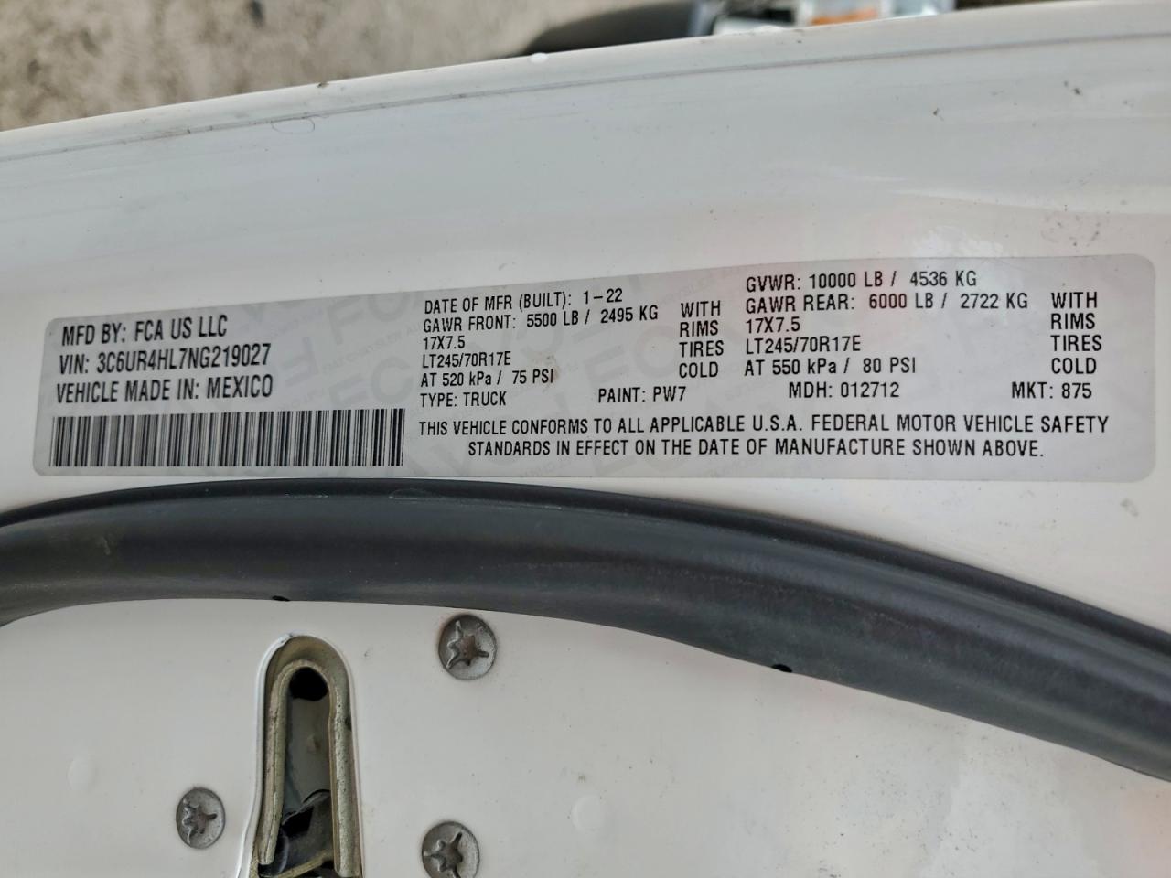 2022 Ram 2500 Tradesman VIN: 3C6UR4HL7NG219027 Lot: 94081755