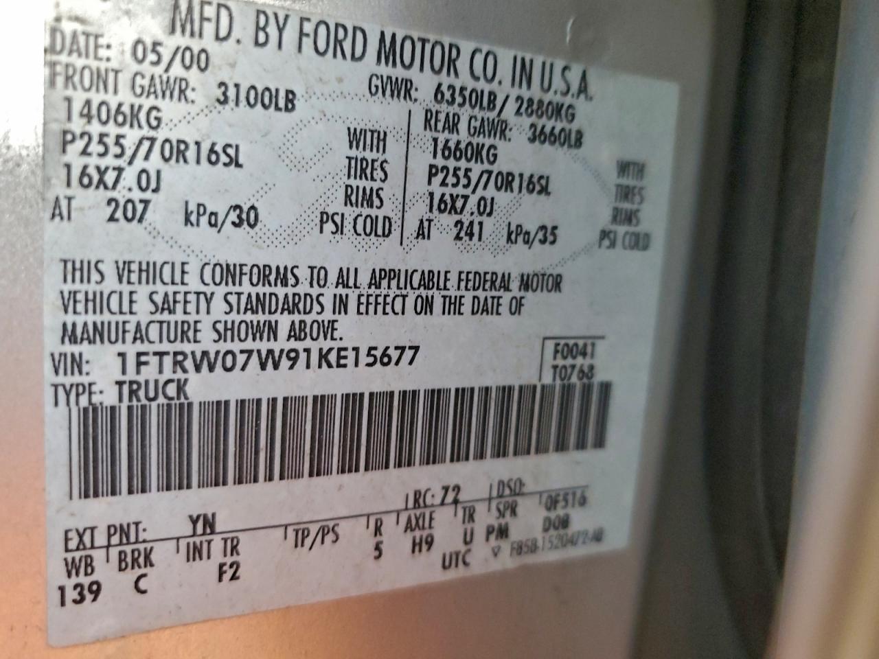 2001 Ford F150 Supercrew VIN: 1FTRW07W91KE15677 Lot: 95532365