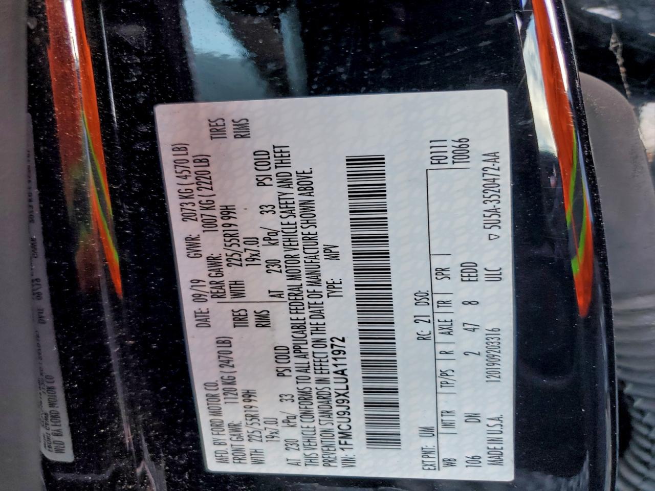 2020 Ford Escape Titanium VIN: 1FMCU9J9XLUA11972 Lot: 96315145