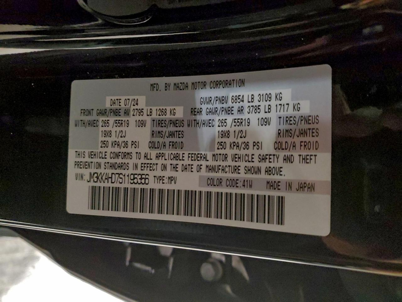 2025 Mazda Cx-90 Select VIN: JM3KKAHD7S1195356 Lot: 96780075