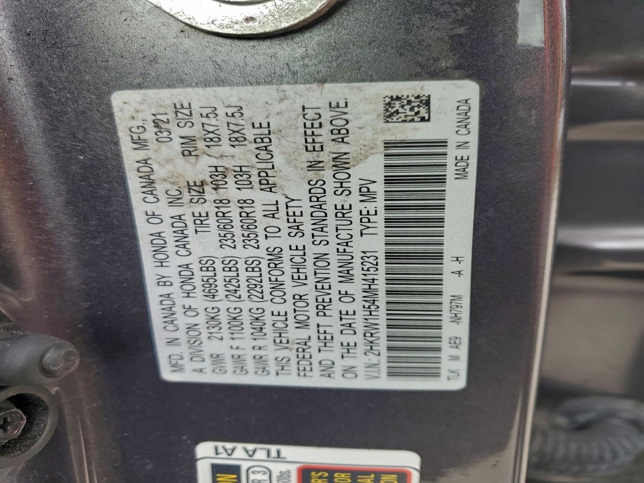 2021 Honda Cr-V Ex VIN: 2HKRW1H54MH415231 Lot: 94659835