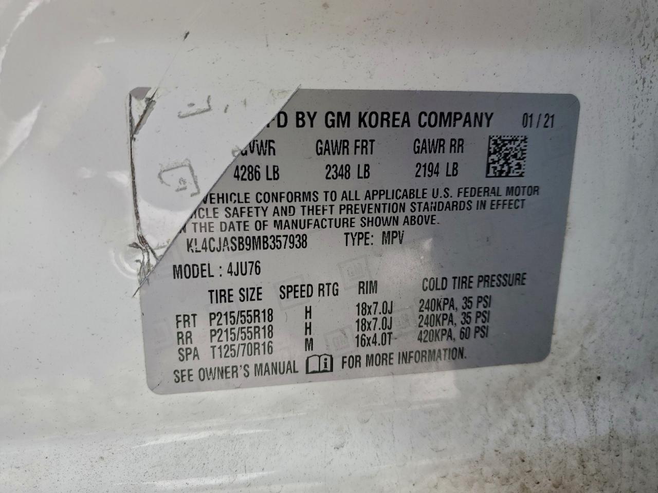 2021 Buick Encore Preferred VIN: KL4CJASB9MB357938 Lot: 95713765