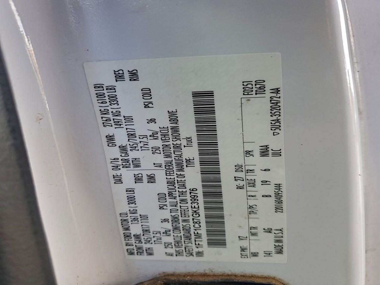 2016 Ford F150 VIN: 1FTMF1C87GKE39976 Lot: 96532575