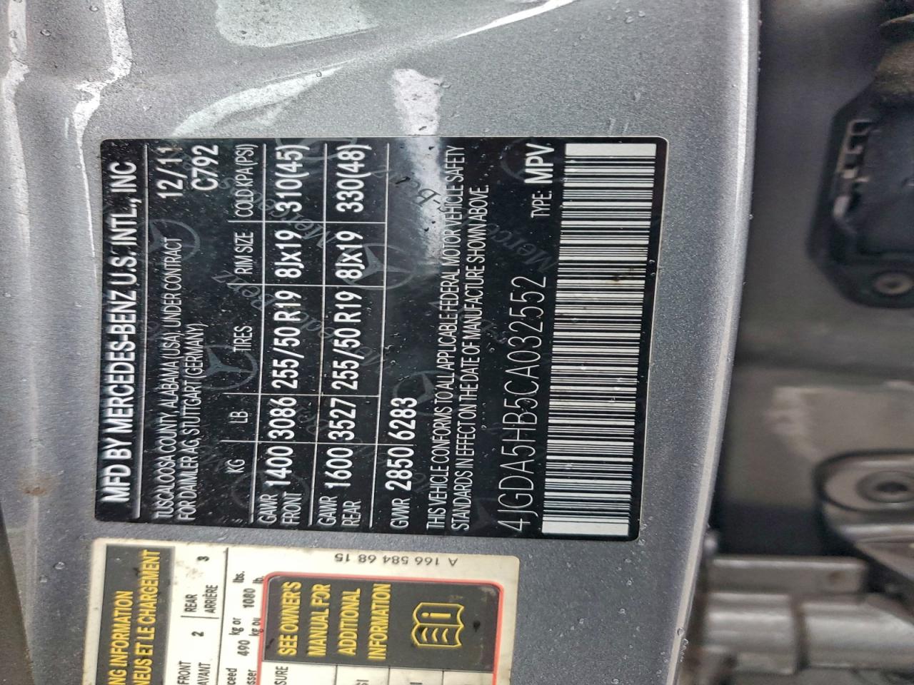 2012 Mercedes-Benz Ml 350 4Matic VIN: 4JGDA5HB5CA032552 Lot: 91619695