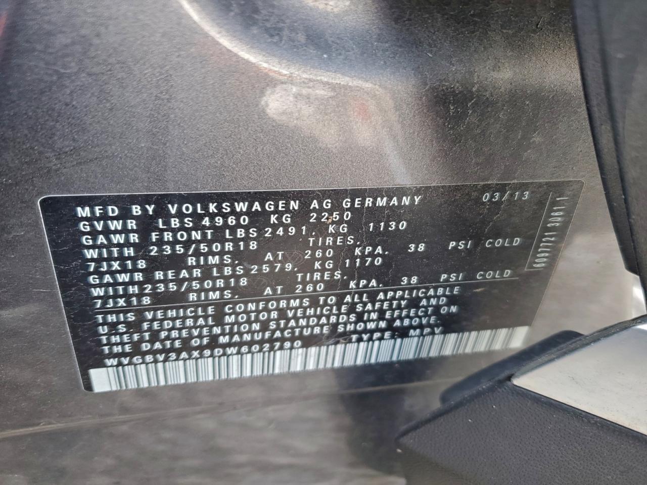 2013 Volkswagen Tiguan S VIN: WVGBV3AX9DW602790 Lot: 94774105