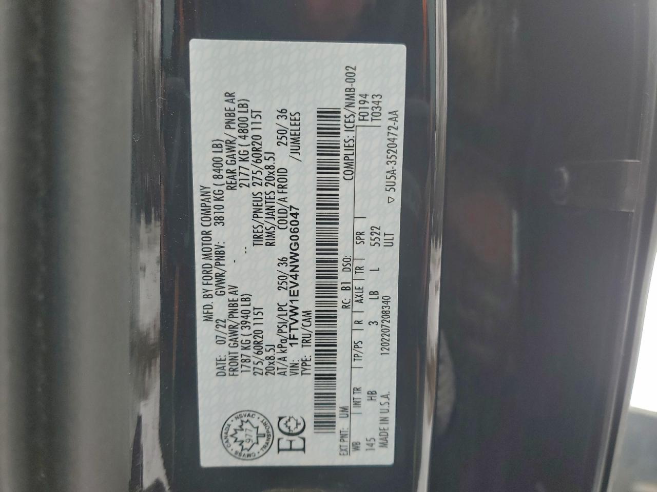 2022 Ford F150 Lightning Pro VIN: 1FTVW1EV4NWG06047 Lot: 92846135