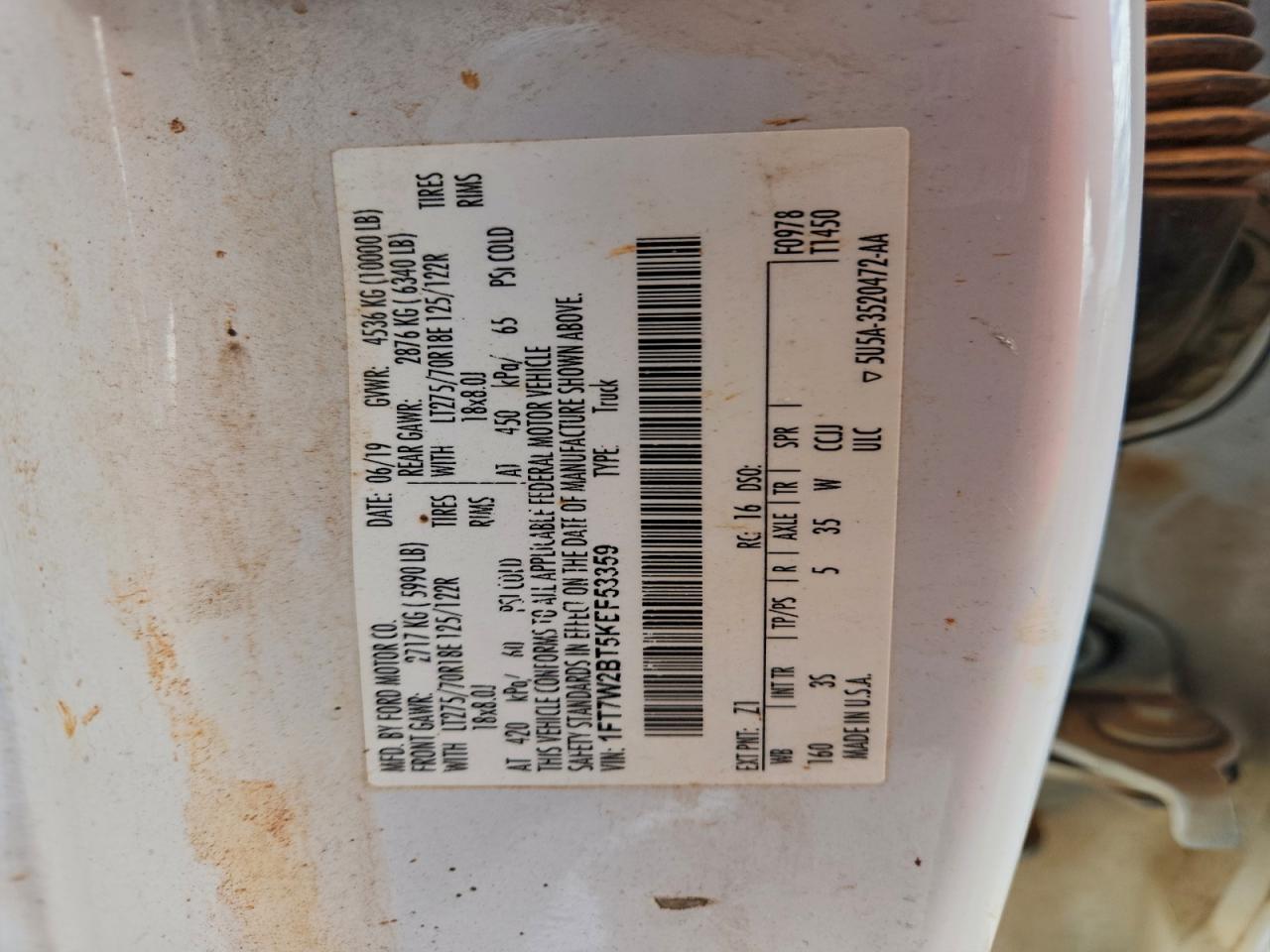 2019 Ford F250 Super Duty VIN: 1FT7W2BT5KEF53359 Lot: 96838755