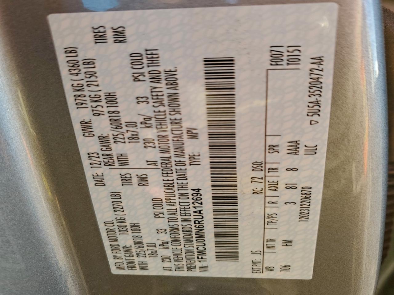 2024 Ford Escape St Line VIN: 1FMCU0MN6RUA12694 Lot: 94823205