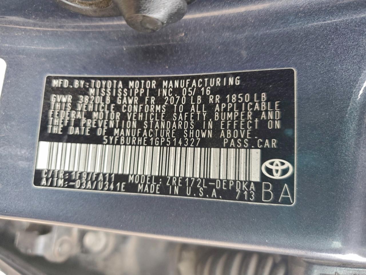 2016 Toyota Corolla L VIN: 5YFBURHE1GP514327 Lot: 95208115