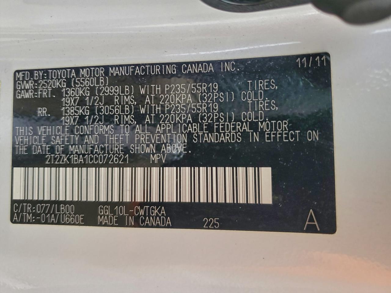 2012 Lexus Rx 350 VIN: 2T2ZK1BA1CC072621 Lot: 94458585