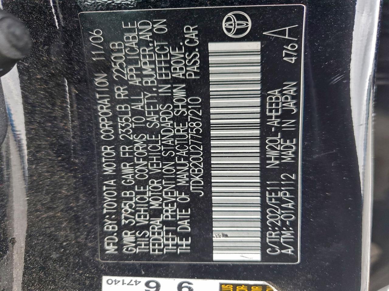 2007 Toyota Prius VIN: JTDKB20U277587210 Lot: 96132785