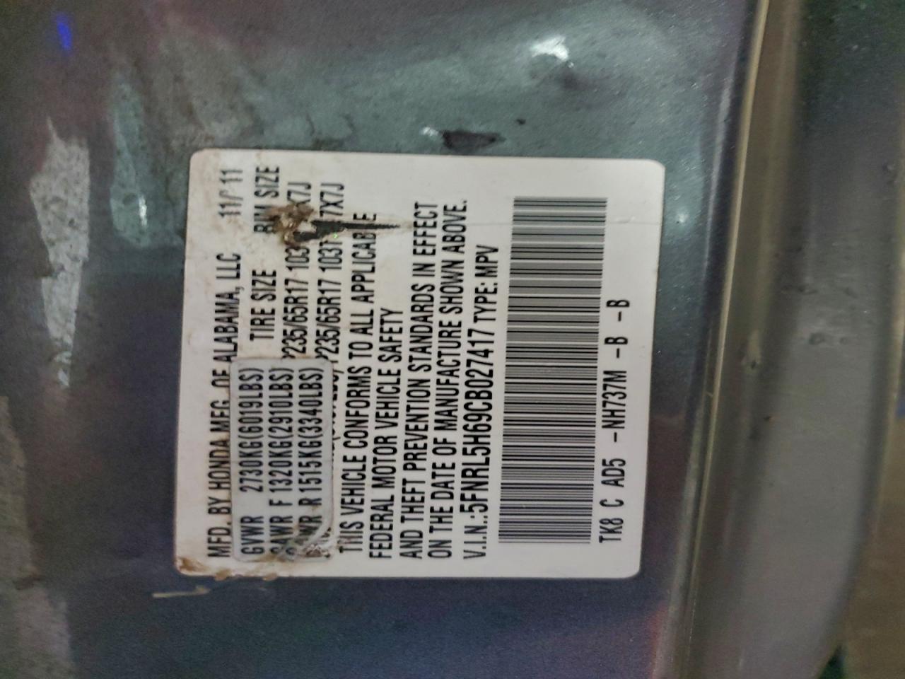 2012 Honda Odyssey Exl VIN: 5FNRL5H69CB027417 Lot: 95731565