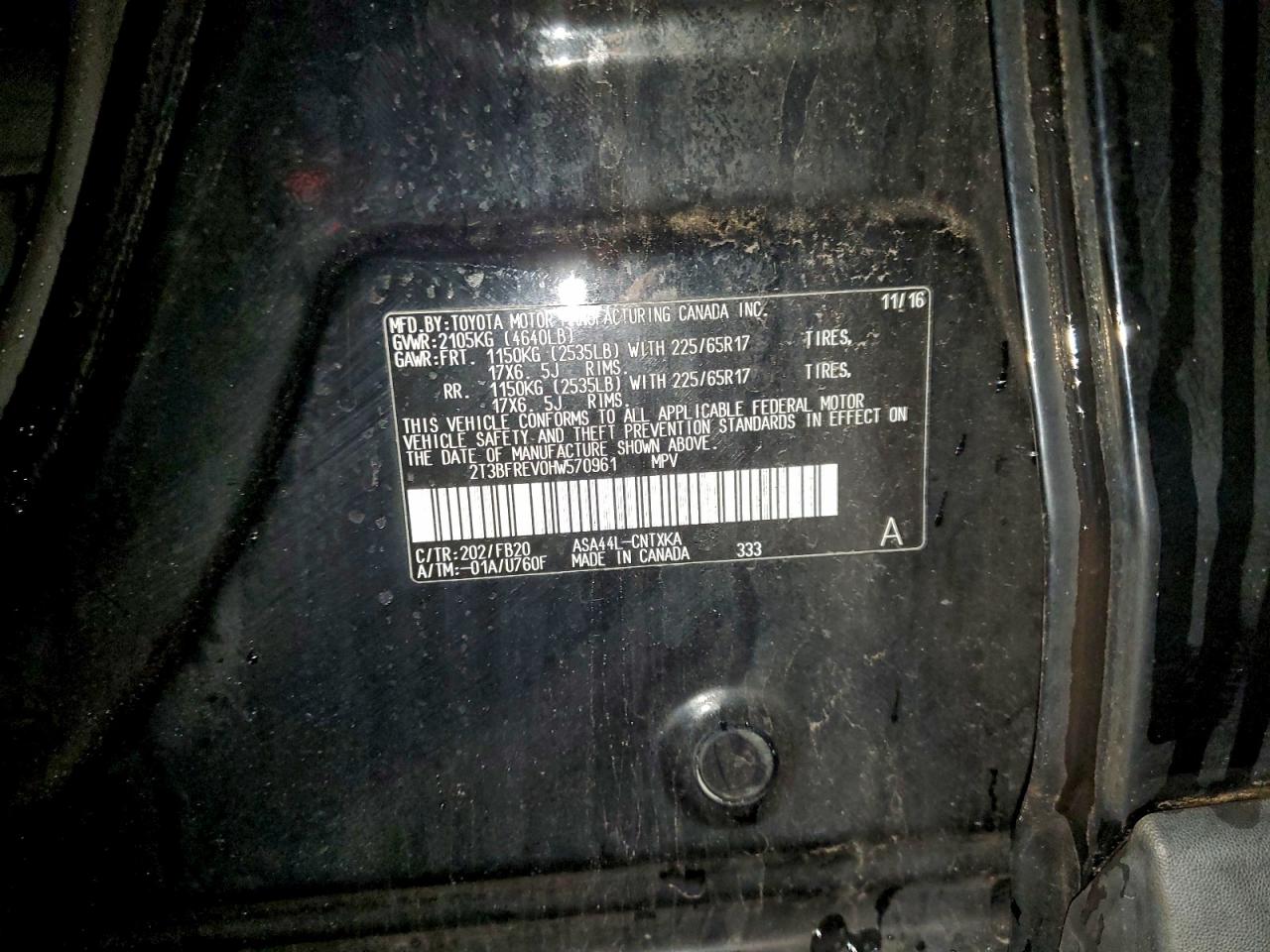 2017 Toyota Rav4 Le VIN: 2T3BFREV0HW570961 Lot: 95634985