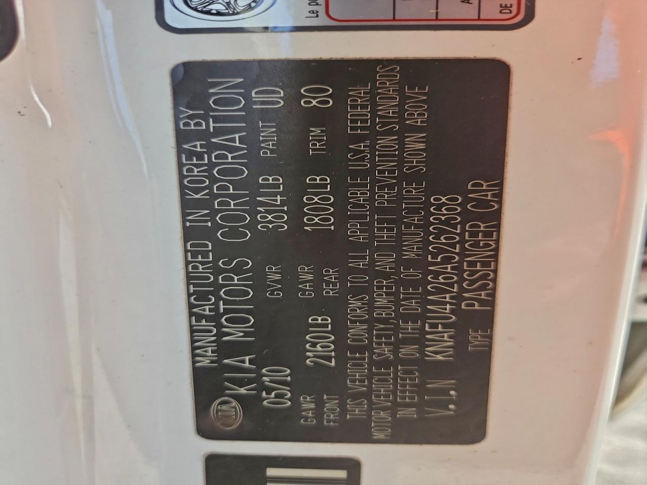 2010 Kia Forte Ex VIN: KNAFU4A26A5262368 Lot: 95390815