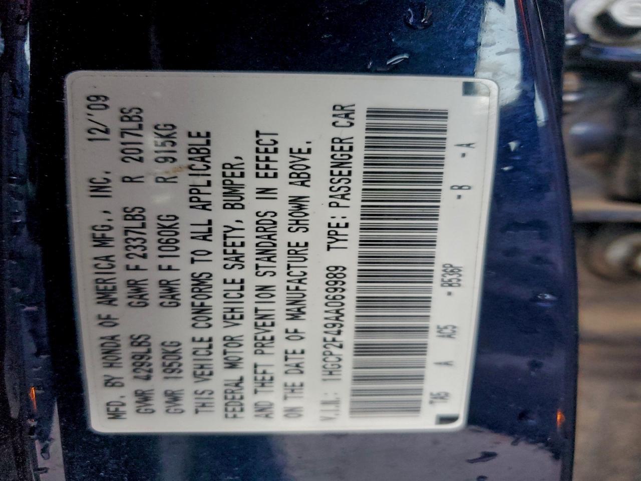 2010 Honda Accord Lxp VIN: 1HGCP2F49AA069989 Lot: 94974435