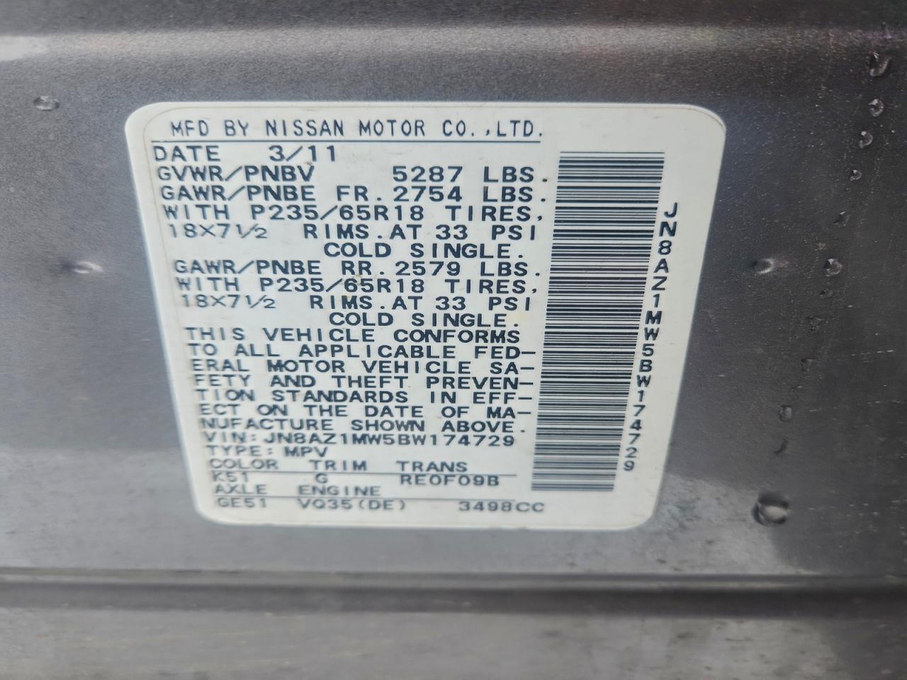 2011 Nissan Murano S VIN: JN8AZ1MW5BW174729 Lot: 95005975