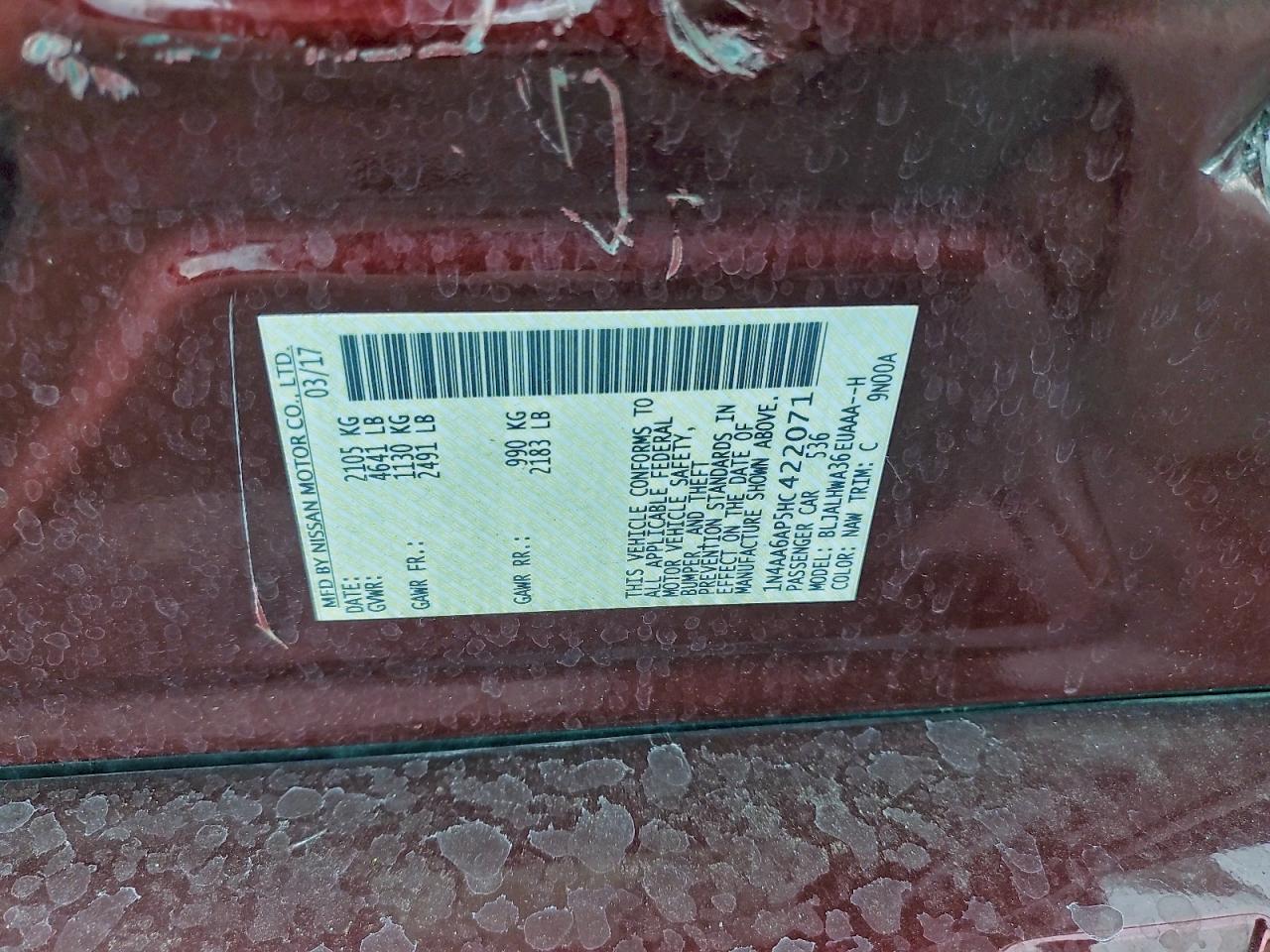 2017 Nissan Maxima 3.5S VIN: 1N4AA6AP5HC422071 Lot: 95243885