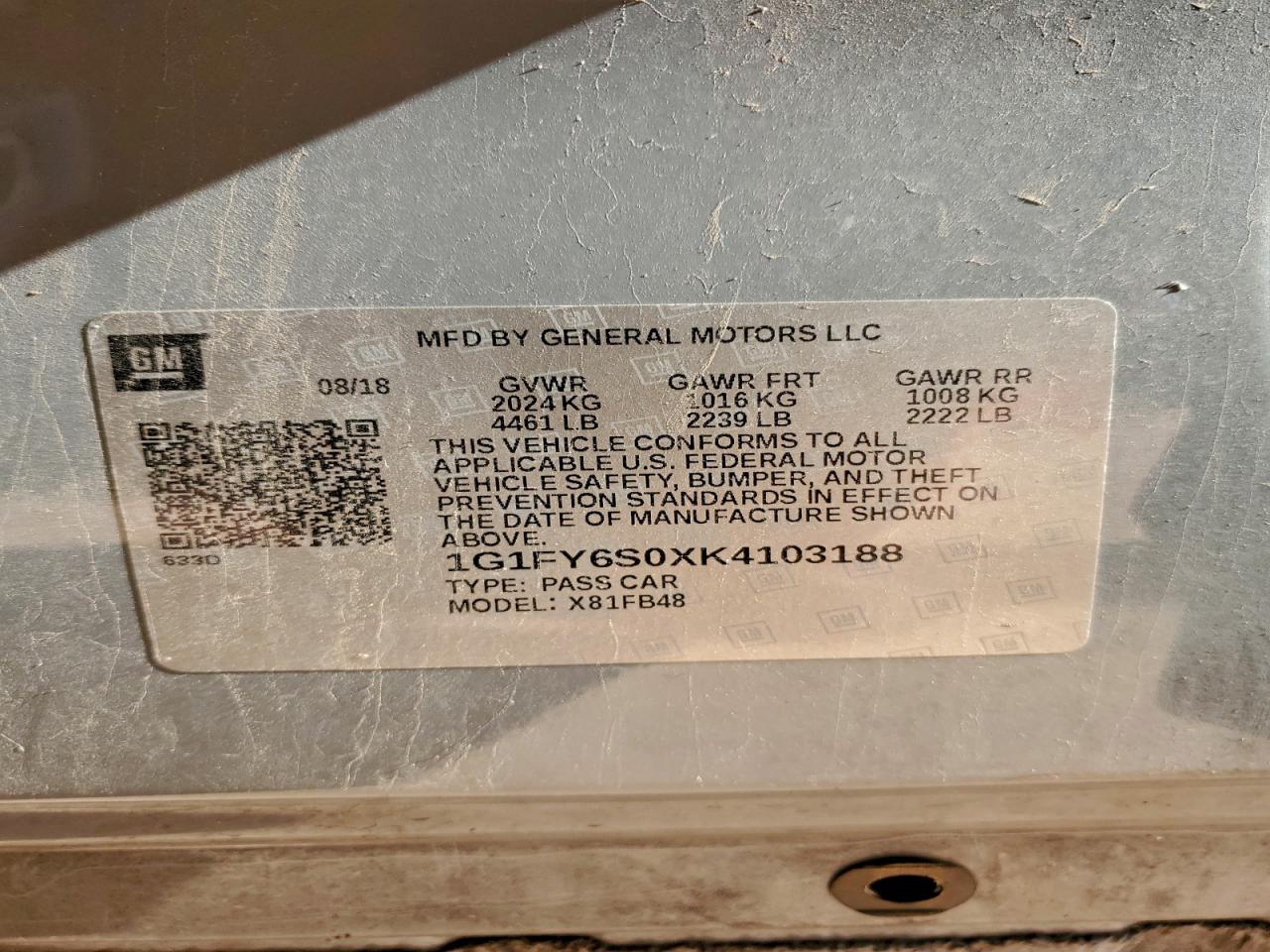 2019 Chevrolet Bolt Ev Lt VIN: 1G1FY6S0XK4103188 Lot: 95222105