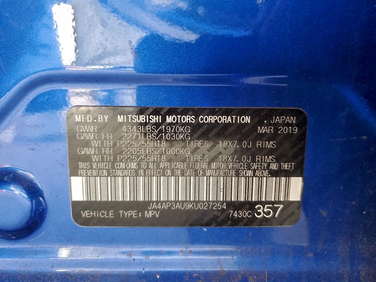 2019 Mitsubishi Outlander Sport Es VIN: JA4AP3AU9KU027254 Lot: 97262045