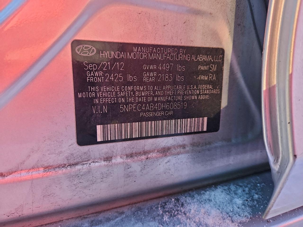 2013 Hyundai Sonata Se VIN: 5NPEC4AB4DH608519 Lot: 92111515