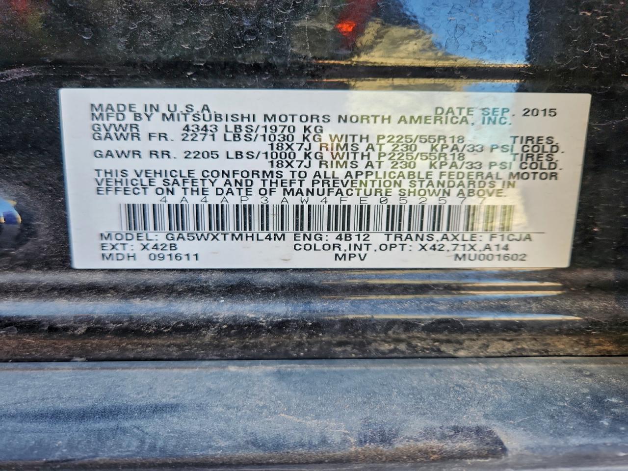 2015 Mitsubishi Outlander Sport Es VIN: 4A4AP3AW4FE052577 Lot: 94892495