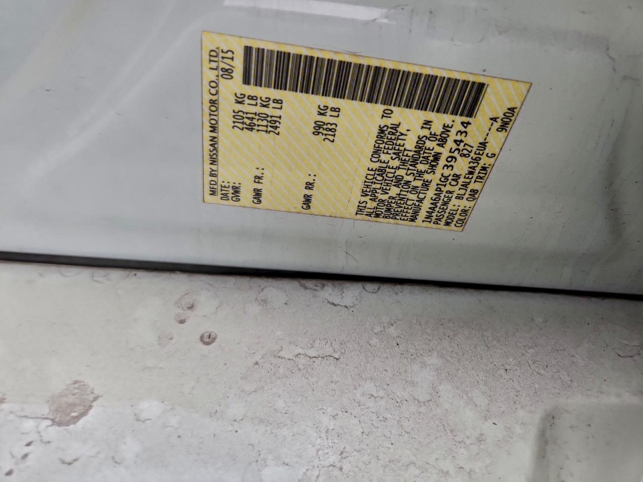 2016 Nissan Maxima 3.5S VIN: 1N4AA6AP1GC395434 Lot: 93919905