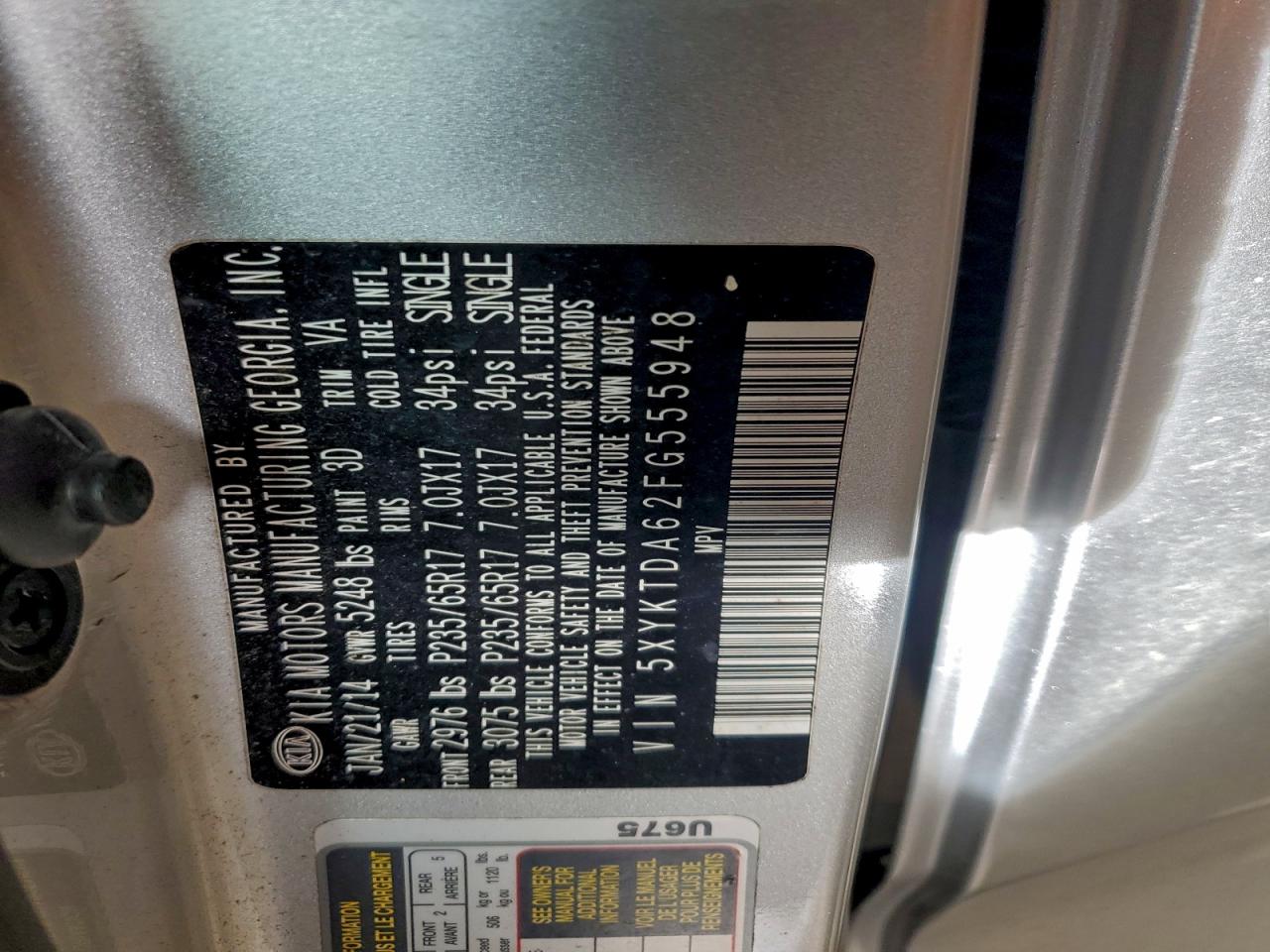 2015 Kia Sorento Lx VIN: 5XYKTDA62FG555948 Lot: 94883405