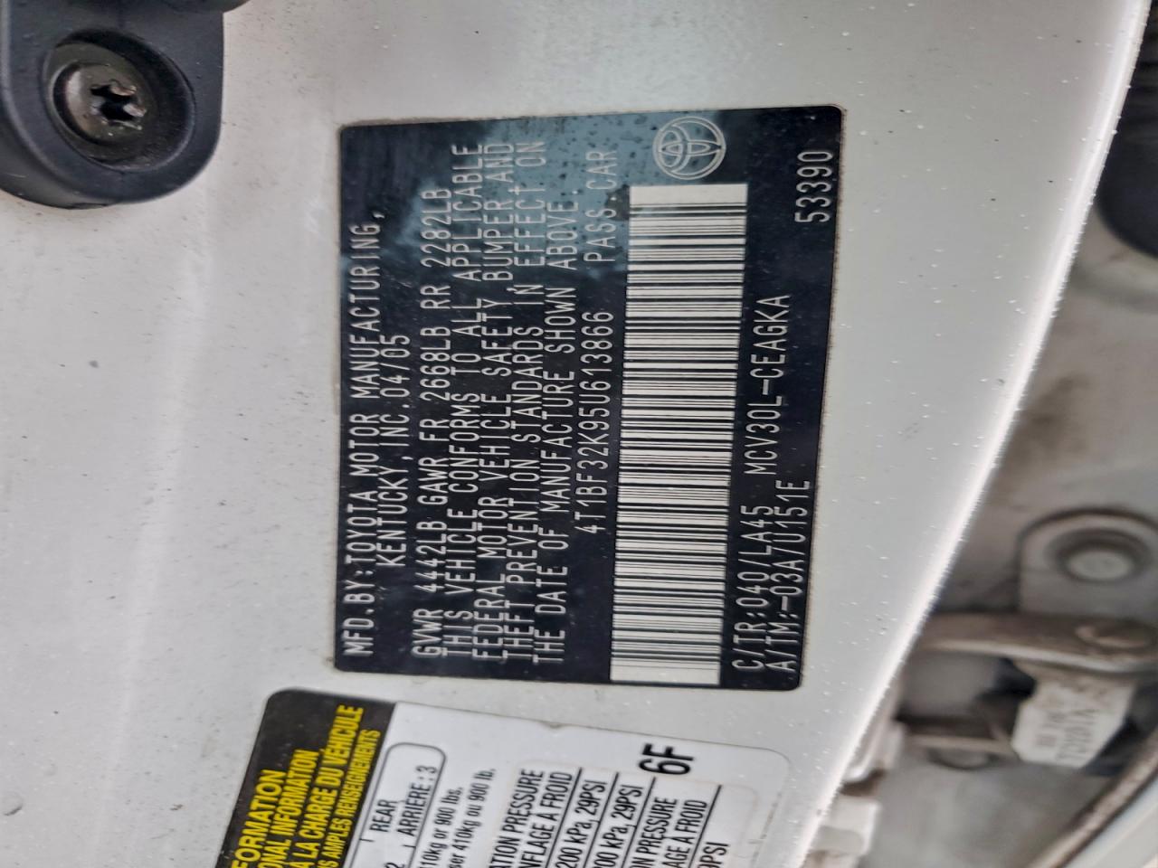 2005 Toyota Camry Le VIN: 4T1BF32K95U613866 Lot: 95310295