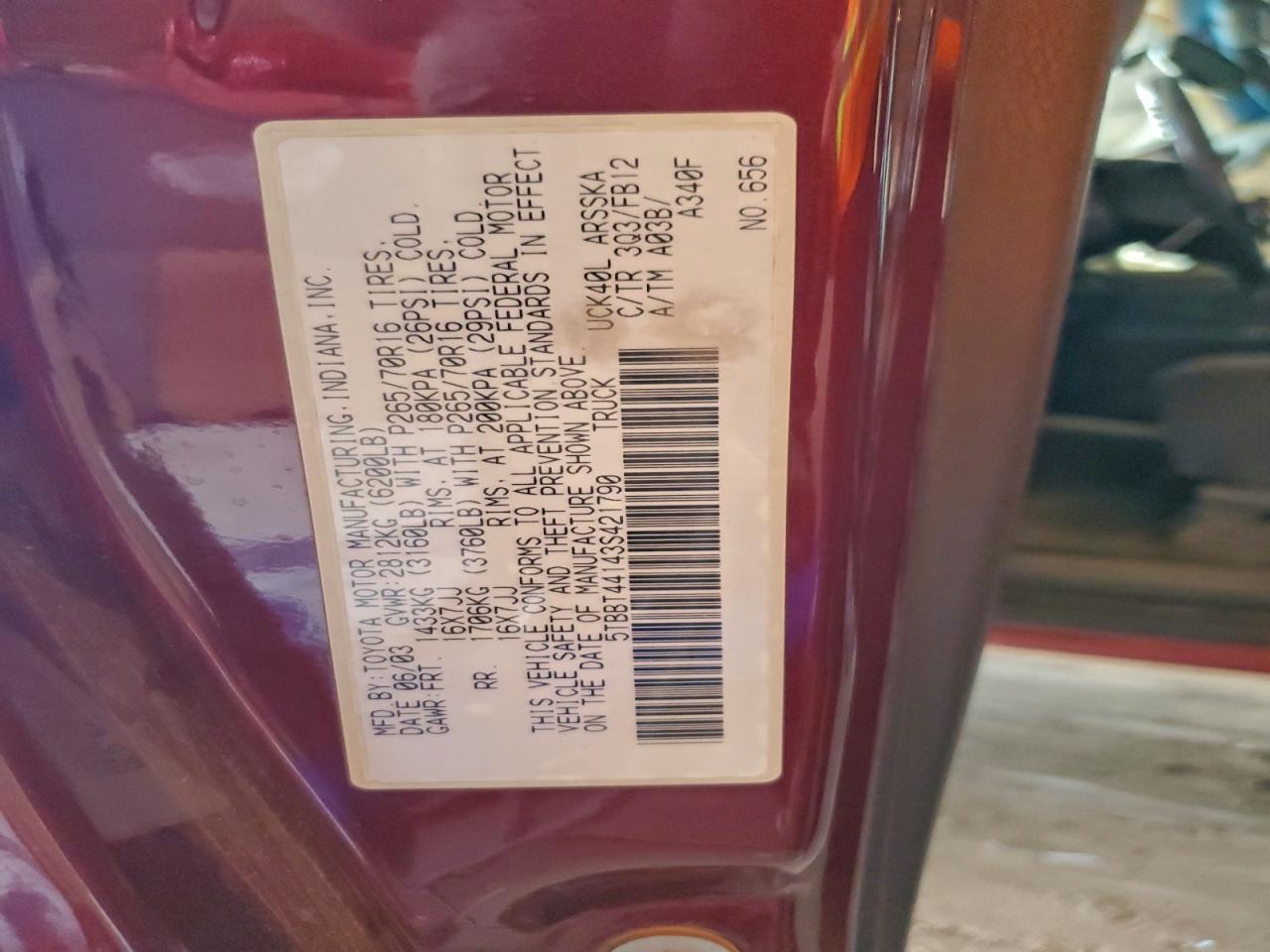 2003 Toyota Tundra Access Cab Sr5 VIN: 5TBBT44143S421790 Lot: 95222525