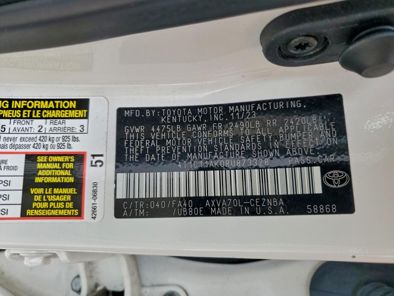 2024 Toyota Camry Le VIN: 4T1C11AK0RU873328 Lot: 95437325