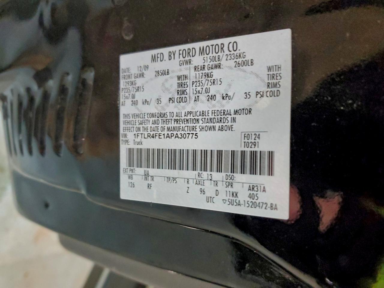 2010 Ford Ranger Super Cab VIN: 1FTLR4FE1APA30775 Lot: 95763375