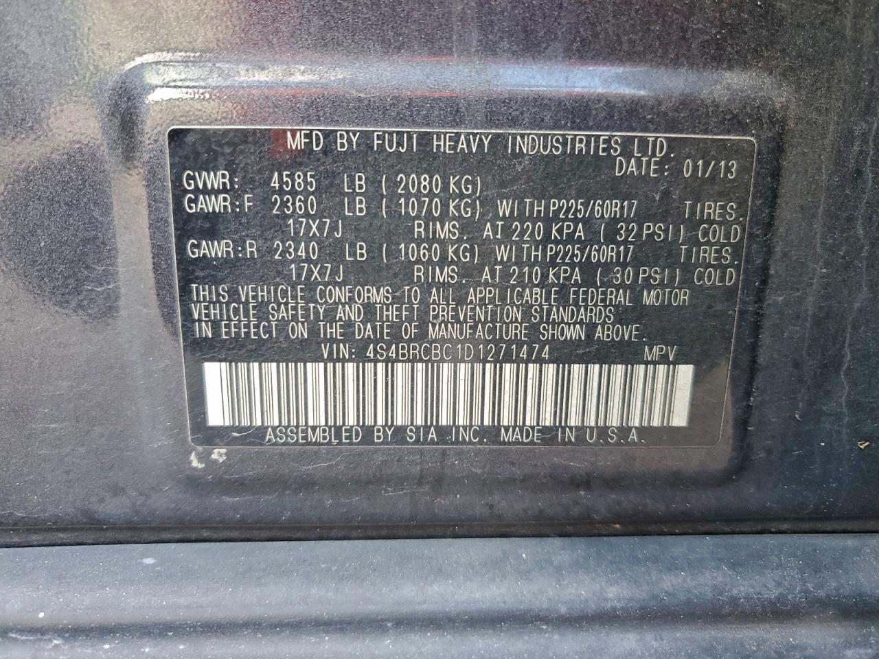 2013 Subaru Outback 2.5I Premium VIN: 4S4BRCBC1D1271474 Lot: 96673525